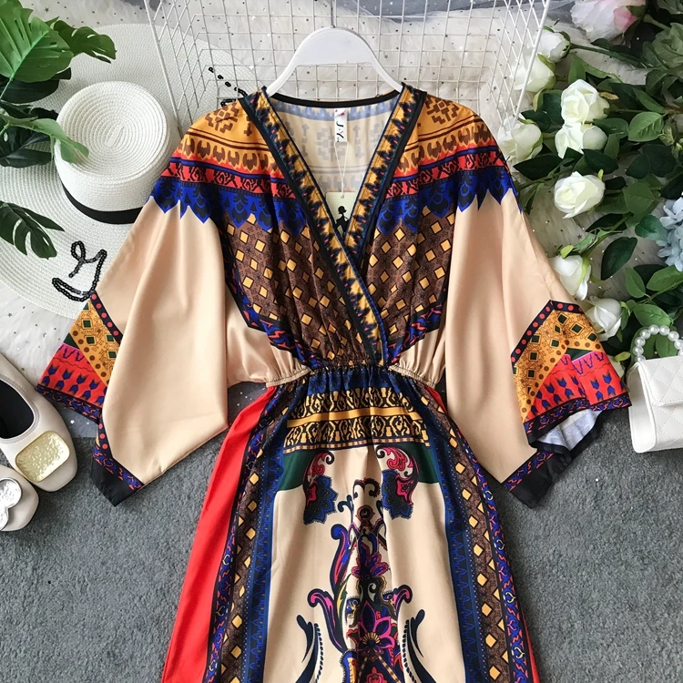 Новые модные женские платья, этнический стиль, костюм, весеннее богемное Платье с принтом, Пляжное Платье