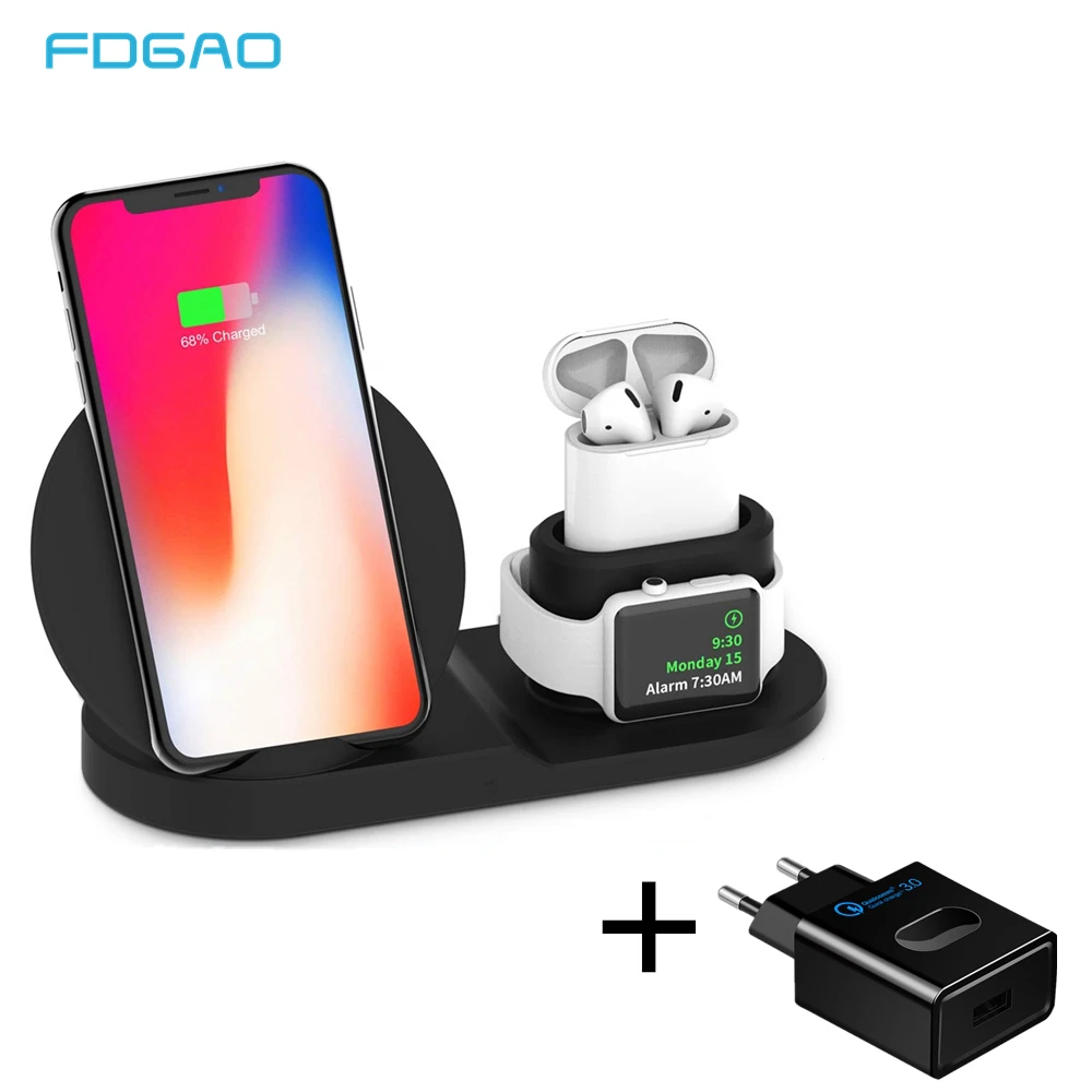 

FDGAO 10W Qi Wireless Charger Stand Dock For iPhone 8 X XS XR Apple Watch 4 3 2 Airpods Fast QC 3.0 For Samsung S10 S9 S8 Xiaomi