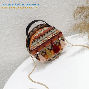 

Women national wind Messenger Bag Portable Chain Small Round Bag Tassel Packet Crossbody Bags For Women bolsa feminina ML-85