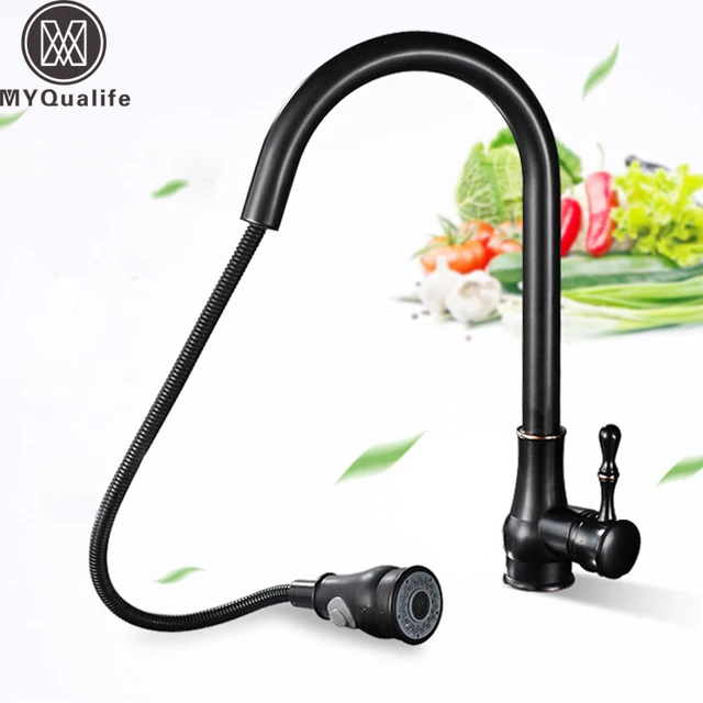 Cheap Modern Pull Down Spout Kitchen Faucet Deck Mounted Black Stream Sprayer Kitchen Mixer Taps Single Handle Pull Out Spout