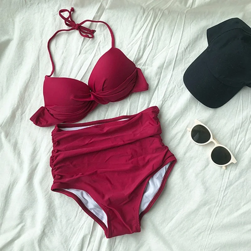 

Women Three Pieces Swimsuit High Waist Bikini Halter Swimwear Red Suncreen Beachwear Push Up Swim Beach Wear With Bikini Cover