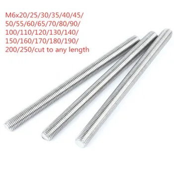 

10pcs/lot Stainless steel thread rod M6*20/25/30/35/40/45/50/55/60/65/70/80/90/100/110/120/130/140/150/160/170/180/190/200/250