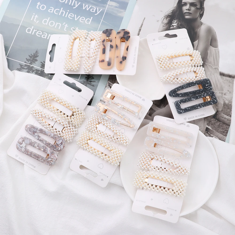 

4 Pcs/Set Trendy Pearl Hair Clips for Women Hollow Geometric Acrylic Hairpins BB Clip Barrettes Headwear Hair Styling Tools