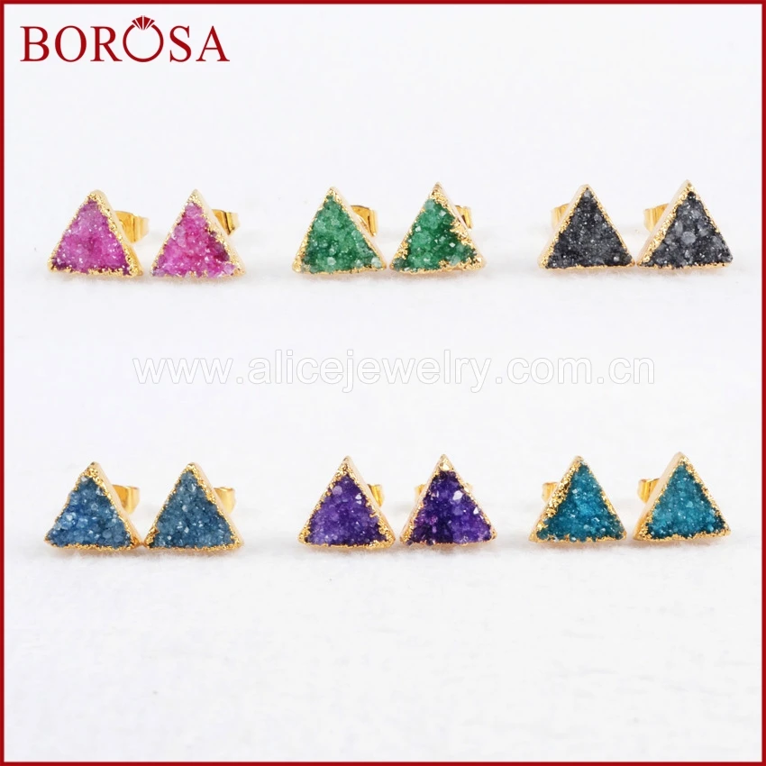 

BOROSA Hot Sale Triangle Natural Crystal Stud Earrings,1pair Gold Color Rainbow Crystal Studs Gems Jewelry Gifts for Women G0432
