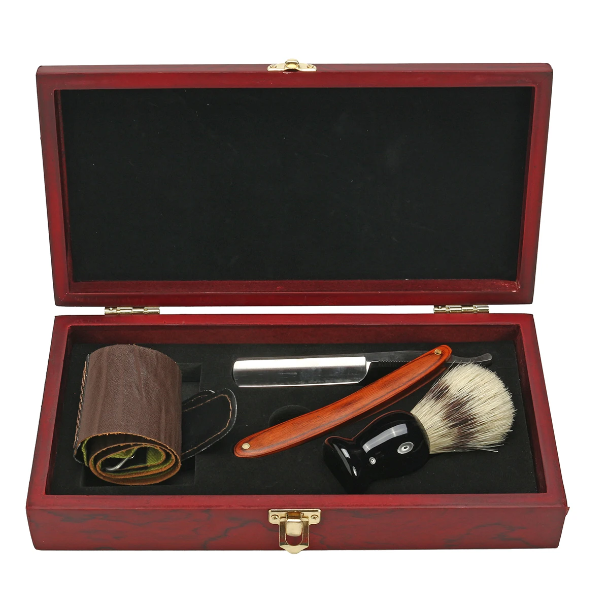 

Men's Shaving Tools Kit Folding Knife Straight Edge Shaver + Brush + Canvas PU Leather Strop With Wooden Box For Salon Barber