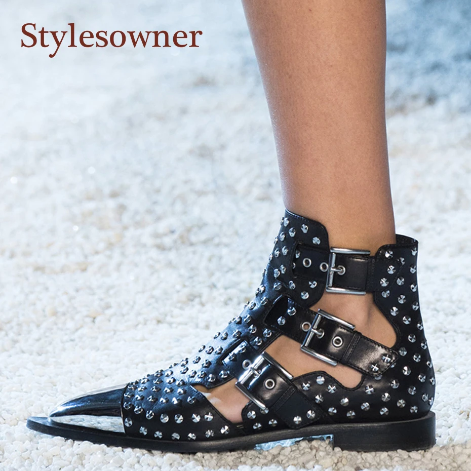 

Stylesowner Metal Studded Rivets Short Boots Sandal Woman Pointy Toe Buckle Straps Martin Boots Cut Out Fashion Cool Shoes Woman
