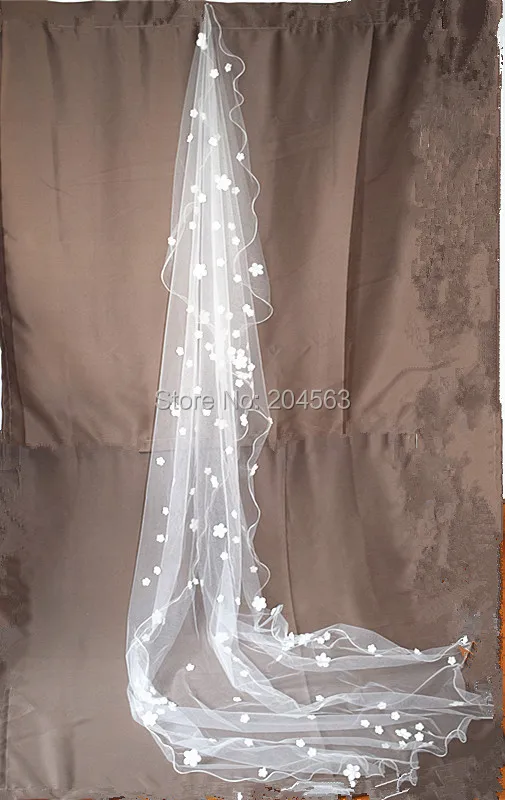 

Free Shipping One-Layer White or Ivory Long Wedding Veil Tulle Veil for Bride with Flowers