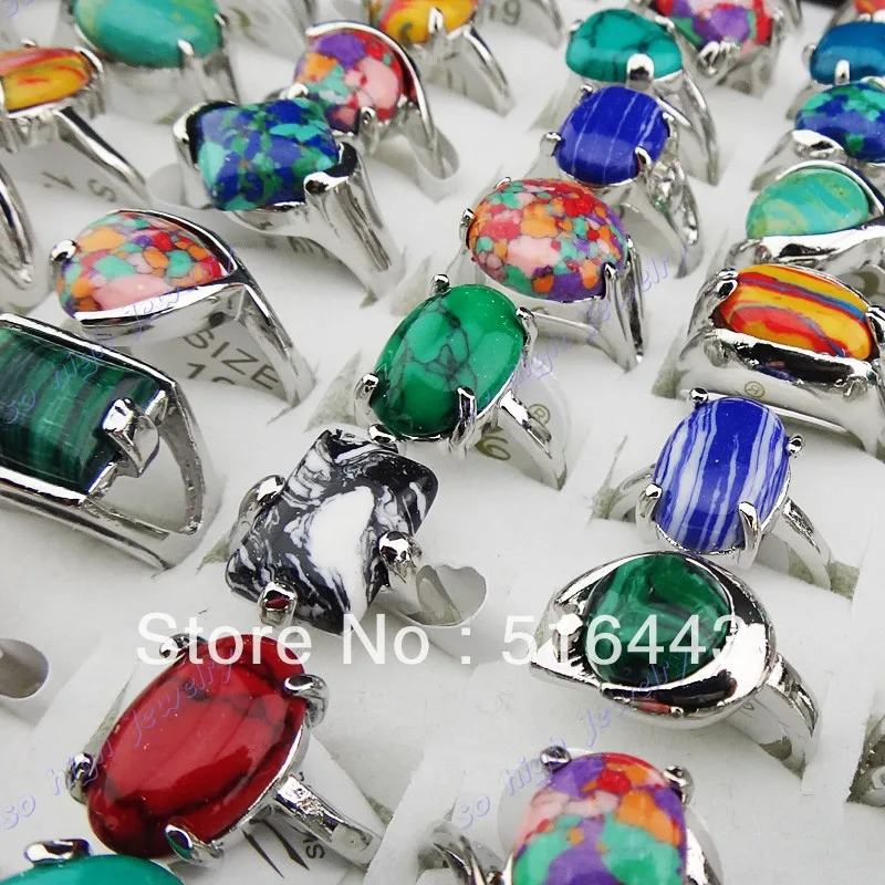 New 30pcs Charms Vintage Mix Natural Malachite Stones Turquoise Silver P Womens Mens Rings Wholesale Jewelry Lots A-918 | Украшения и