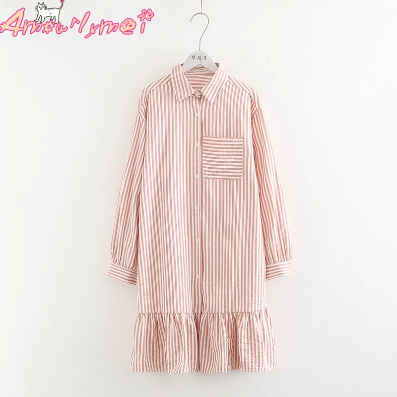 

2018 Autumn New Women Dress Japanese Style Mori Girl Kawaii Sweet Ruffles Hem Striped Loose Long Sleeve Dress