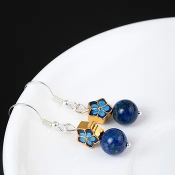 

S925 Pure Silver Personality Drop Earrings for Women Lapis Lazuli Beads Earrings Ethnic Style Cloisonne Crafts Fine Jewelry