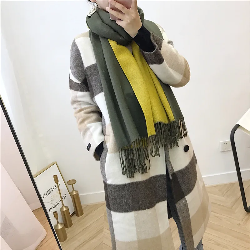Female new 10 colors tassel scarf monochrome double-sided warm shawl imitation cashmere bib