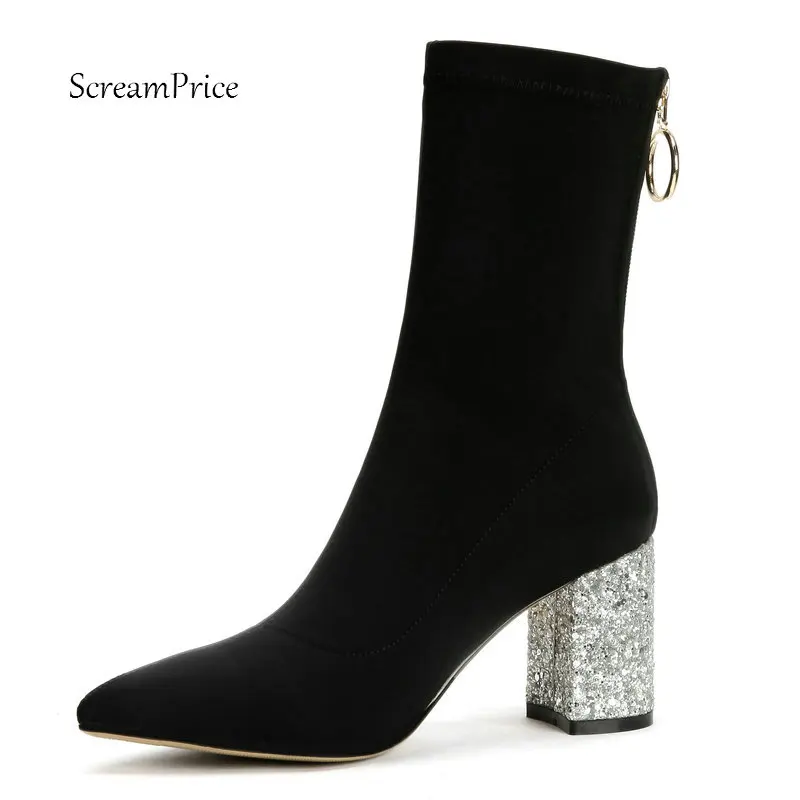 

Ladies Stretch Cloth Bling Square Heel Ankle Boots Fashion Zipper Pointed Toe Women Fall Winter Bootis Brown Black