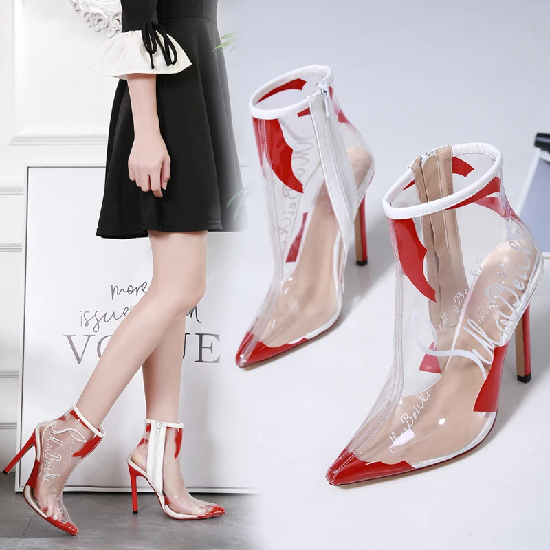 

2019 Women 12cm Strange High Heels Boots Lady Sexy Pointed Toe PVC Fetish Unique Boots Female Ankle Transparent Graffiti Boots