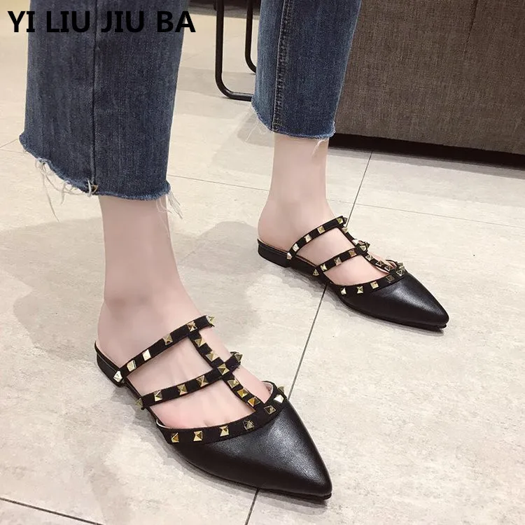 

Summer Women Slippers Flip Flops PU leather fashion rivet Beach Slippers Flat With Slides chaussures femme New Shoes women **855