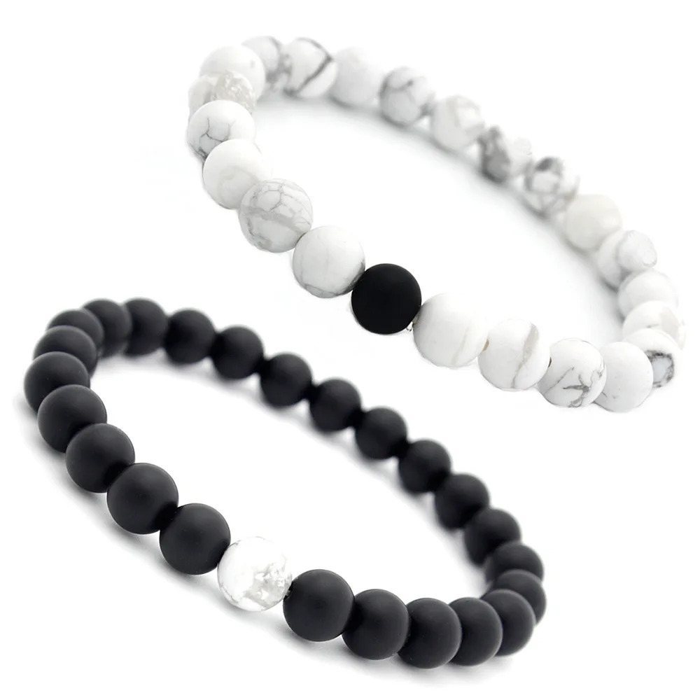 

Natural stone 8MM white Howlite bracelet frosted black onyx bracelet couple bracelet yoga mala beads