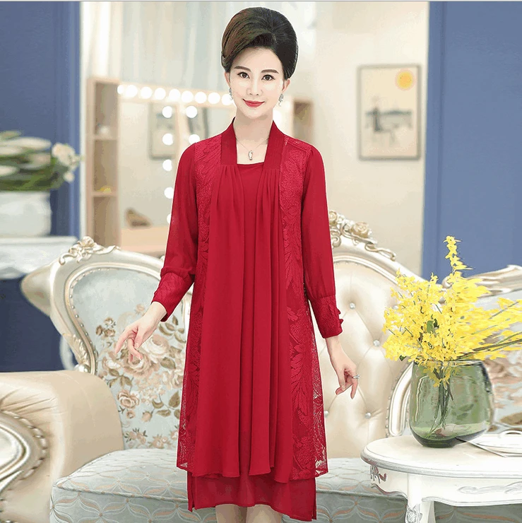 

chiffon suit dress for women lace vestido spring new fashion elegant plus size middle age mother 2piece set long sleeves dresses