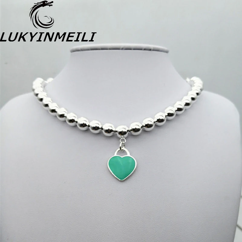 

100%S925 sterling silver necklace 8 mm beaded heart-shaped red enamel pendant fashion trend women's fresh European style
