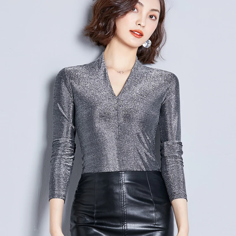 

Spring Autumn 2019 V-Neck Sexy Long Sleeve Shirt Woman T shirt Fashion Tops Stylish Blusas Black Blue Silver Purple Beige