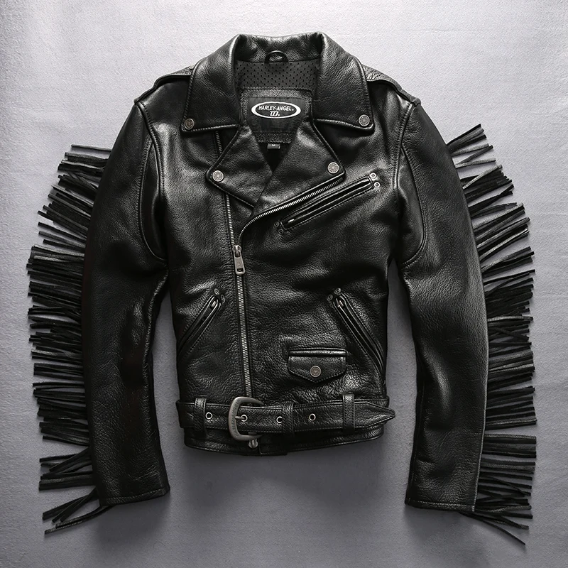 Топ мотоциклетная байкерская куртка натуральная кожа винтажная куртка мужская Cowskin кисточкой короткий, зауженный крой черное пальто DHL бесплатно