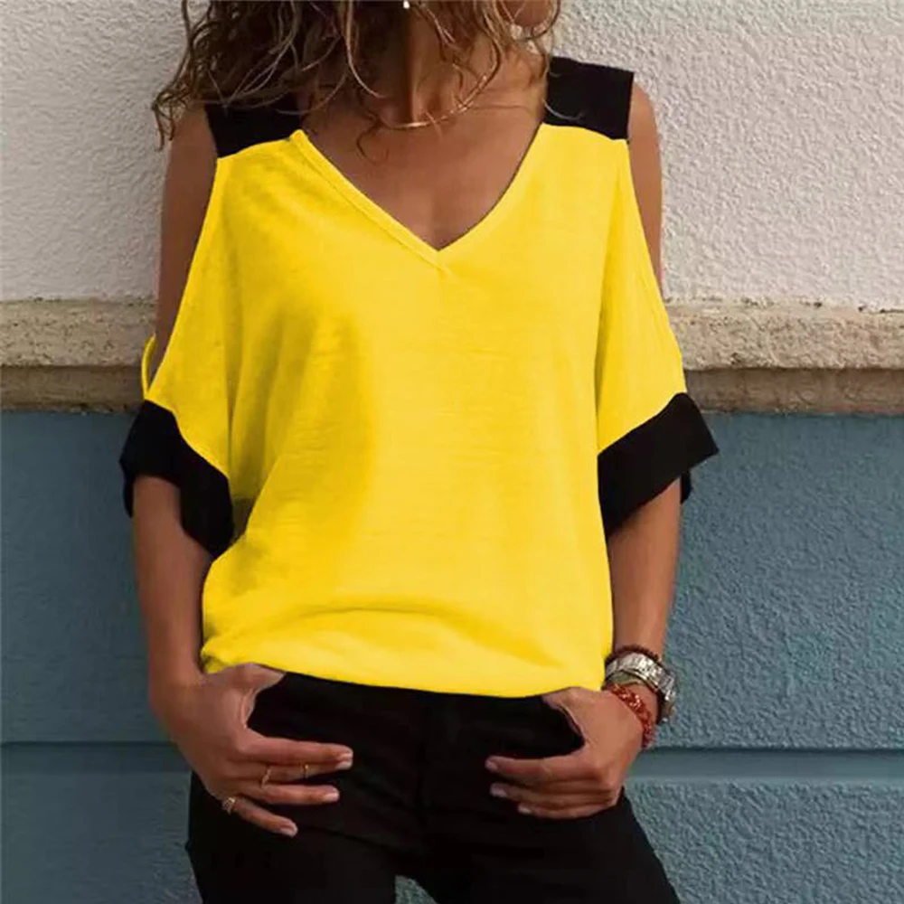 Летняя футболка в стиле пэчворк, Сексуальная футболка с v-образным вырезом и открытыми плечами, Женская свободная футболка с коротким