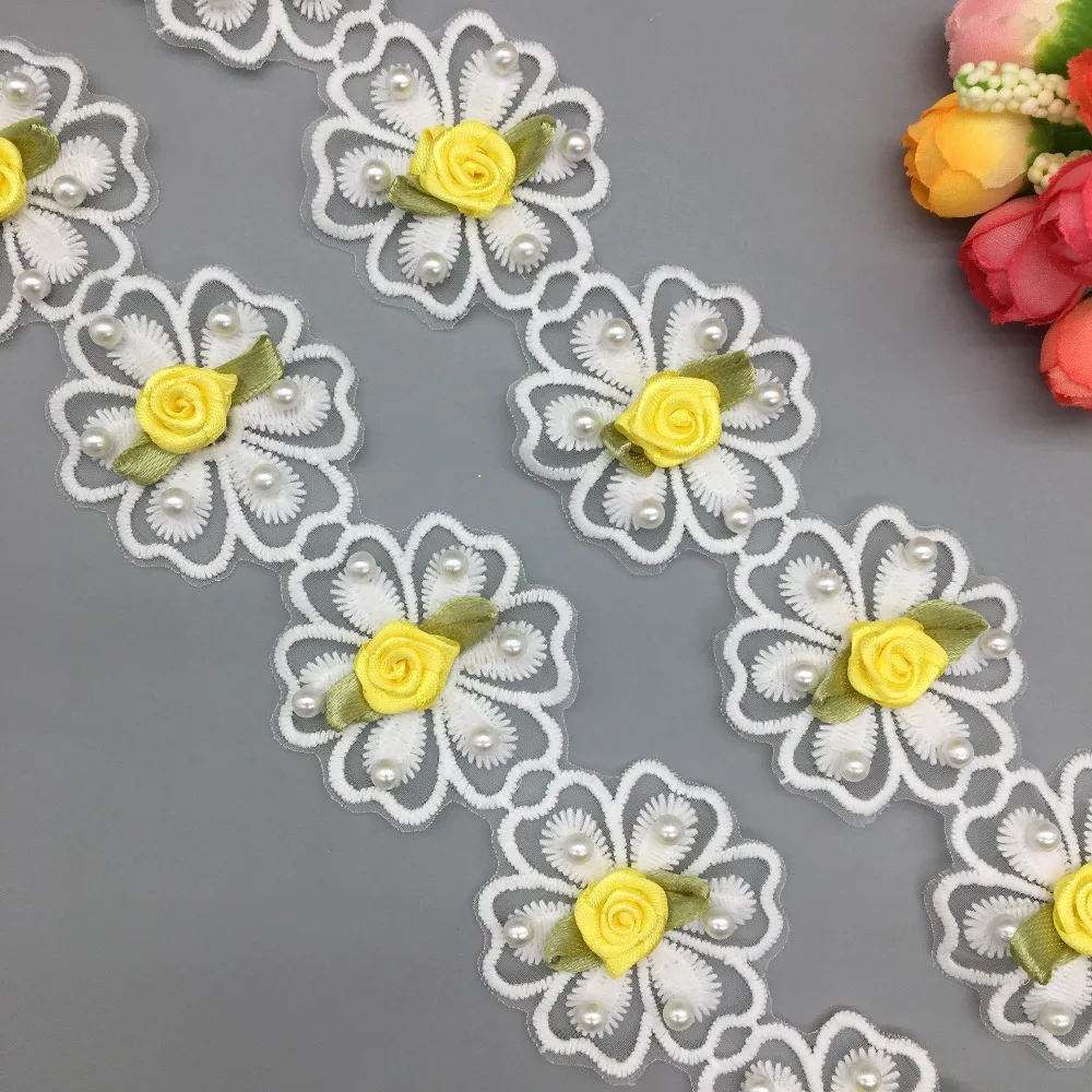 

20pcs Yellow Cotton Rose Flower Pearl Embroidered Lace Fabric Trim Ribbon Applique Dress Sewing Supplies Craft For Apparel Decor