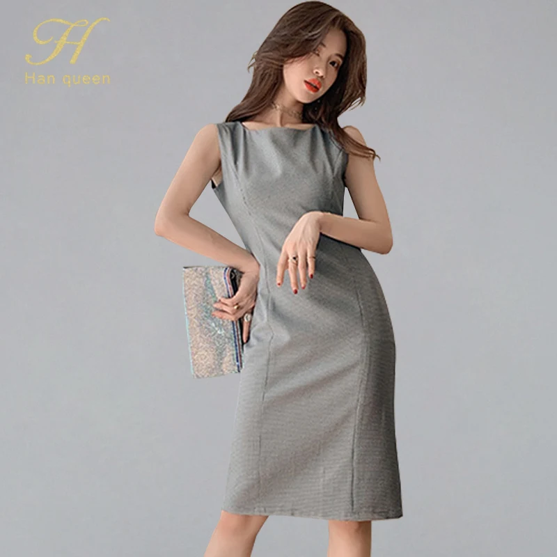 

H Han Queen 2019 Summer Grid Plaid Pencil Dress OL Women Business Sheath Bodycon Dresses Fitted Sleeveless Lattice Tank Vestidos