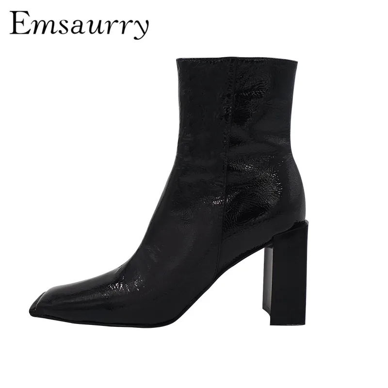 

Unique Square Chunky Heel Runway Botas Mujer Square Toe Side Zipper Pleated Patent Leather Fashion Ankle Boots Women