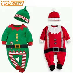 2017 год, Рождественская одежда для маленьких мальчиков, детские комбинезоны, комбинезоны с длинными рукавами для девочек + шапочка, милые
