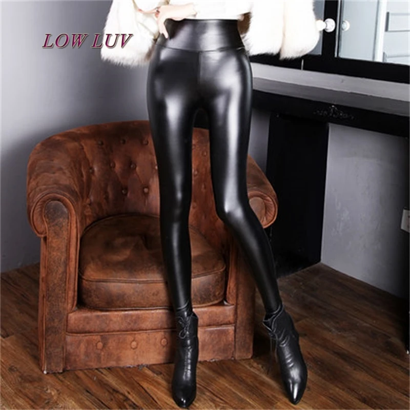 

High-quality PU leather pants Ms. winter women's high waist elastic pu leather stretch slim women's pencil pants
