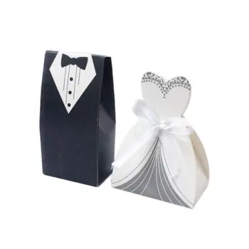 

100X Wedding Party Favors DRESS&TUXEDO Bride Groom Bridal Gift Candy Box W/ribbo