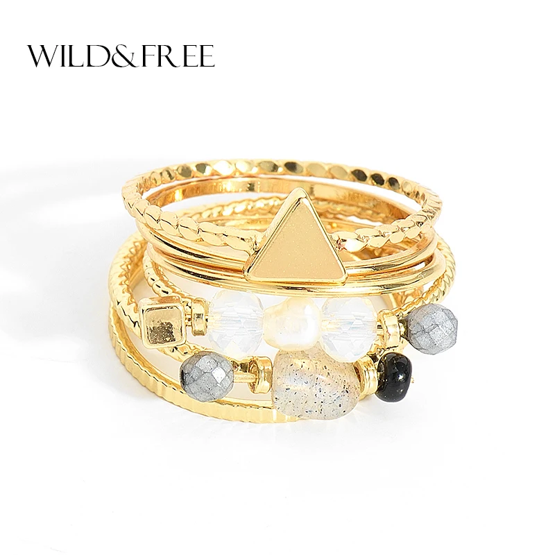 

WILD & FREE 6 PCS Fashion Ring Set For Women Gold Geometric Shape Handmade Pearl Stone Beaded Bohemian Midi Ring Sets Girl Gift