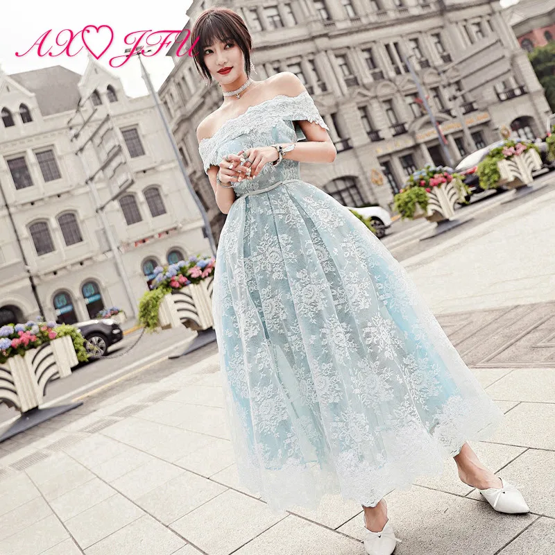 AXJFU роскошное платье принцессы Голубое Кружевное белое вечернее платье с цветочным рисунком винтажное платье с вырезом лодочкой Иллюзия