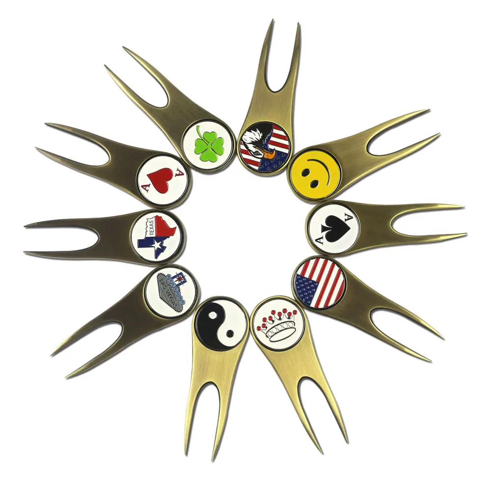 10 Types Golf Ball Marks Unique Designs with Antique Brass Divot Repair Tool - Kit | Спорт и развлечения