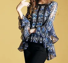 Contrast frill women top blue and black print. three quarter length floral sleeve shirts large size chiffon blouse shirt XXL Contrast frill women top blue and black print. three quarter length floral sleeve shirts large size chiffon blouse shirt XXL