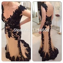 2016 neue Sexy Tiefem V-ausschnitt Flügelärmeln Nixe-abschlussball kleider Lange Champagne Mit Schwarzer Spitze Applique Backless Abendkleider F & M1010