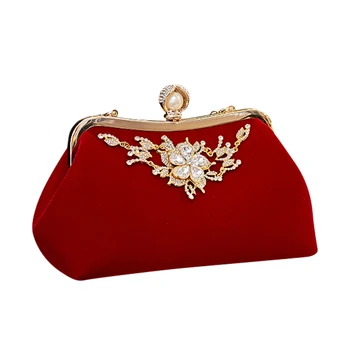 

Female Diamond Pearl Handbag Vintage Crystal Flower Evening Bag Wedding Party Bride Clutch Bag Purse Red