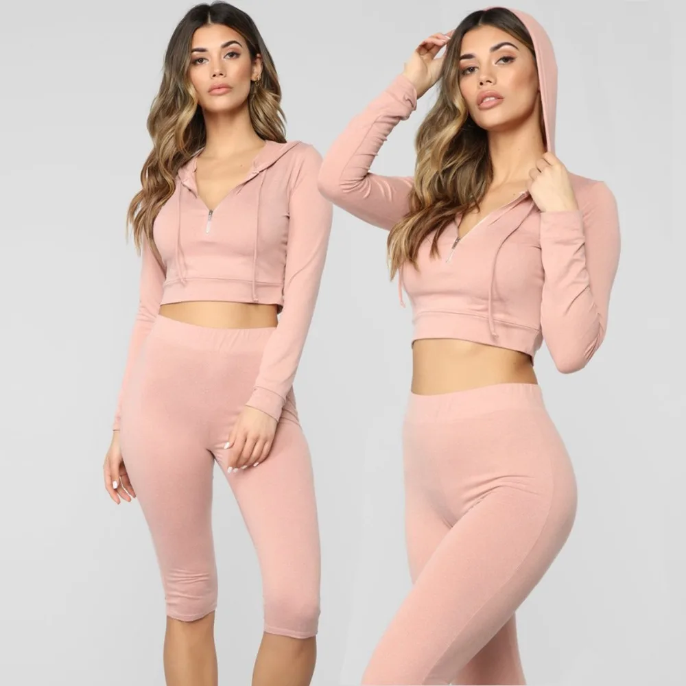 Woman Sportswear Gym Set Sport Costume Women 2 pieces set Long Sleeve Crop top+ knee length pants Fitness Shorts Sporting suit | Женская