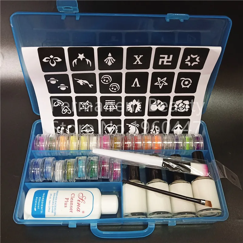 

24 Colors Powder Glitter Powder 4 Glue 2 Brushes 1 Paper Hollow Template Kit for Temporary Tattoo and Kids Face Body Painting
