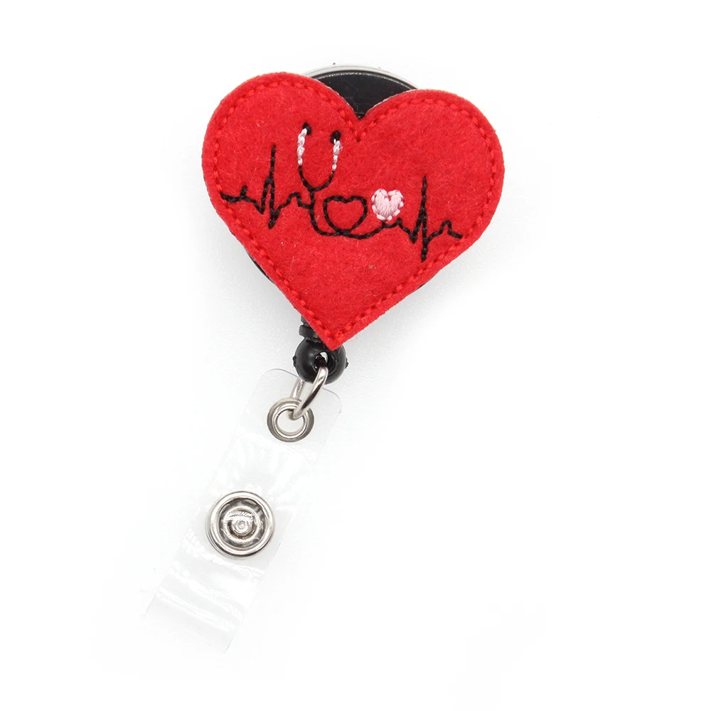 

10 pieces/lot free shipping ECG red heart retractable nurse ID badge card reel felt /medical badge holder