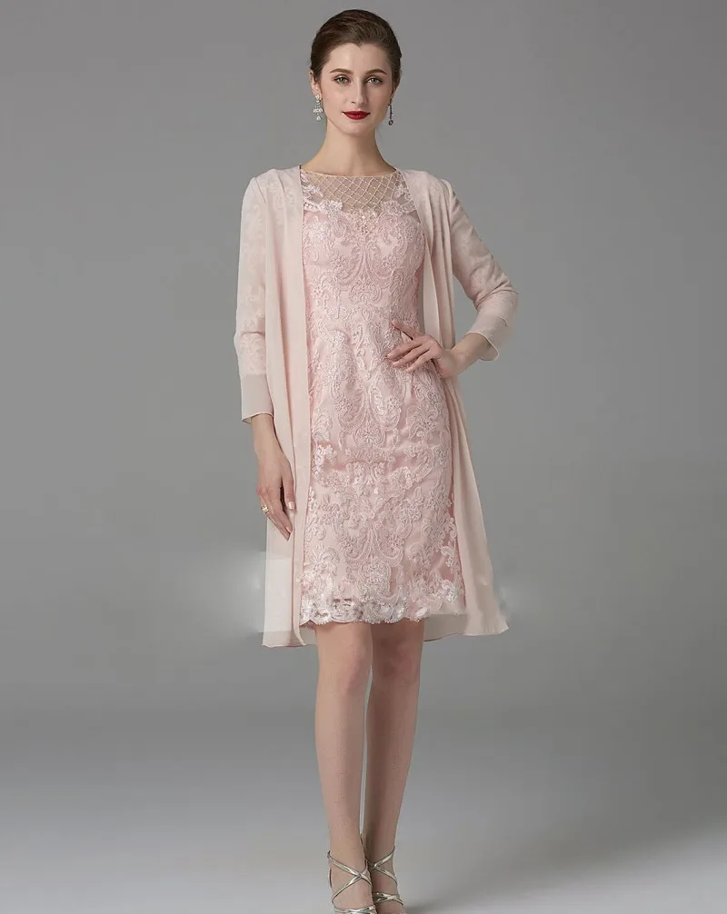 Элегантный розовый мать невесты платья для женщин шифоновая с длинными рукавами 2 шт. вечерние платья под заказ сделано по колено платье выпускного вечера