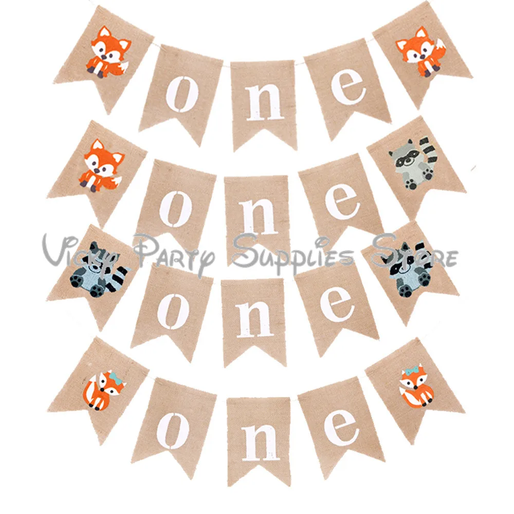 

One Year Fish Tail Banner Cartoon Animals Fruit Plants Linen Banner Flag One Year Birthday Anniversary Party Banner Decorations