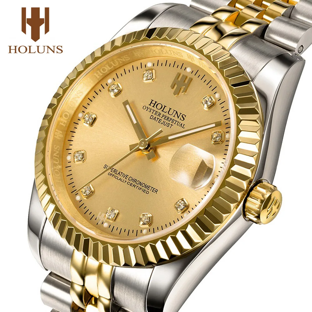 

HOLUNS Mechanical Watch Men Diamond Luxury Brand Gold Steel Automatic Wrist Watch Business Dress Male Watches Relogio Masculino