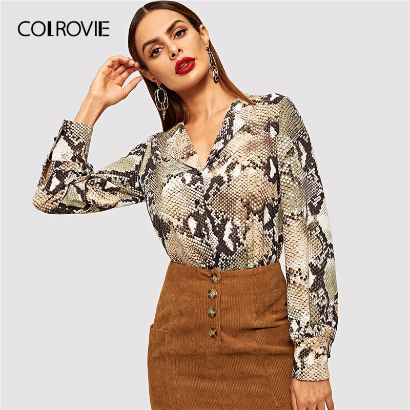

COLROVIE V Neck Snake Print Single Breasted Elegant Blouse Women 2019 Winter Fashion Office Ladies Shirts Korean Vintage Tops
