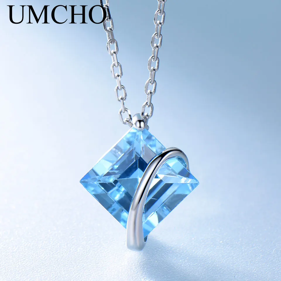 UMCHO 3.4ct натуральный синий топаз драгоценный камень подвески ожерелье s для женщин Настоящее серебро 925 пробы свадебное ожерелье подарок