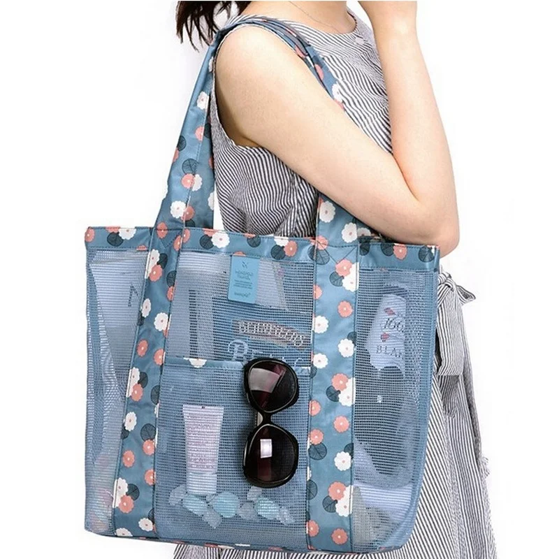 

Women Travel Wash Mesh Handbag Summer Toiletry Beach Bag Tote Storage Bag Organizer Pouch Makeup Transparent Bag Flower Printing