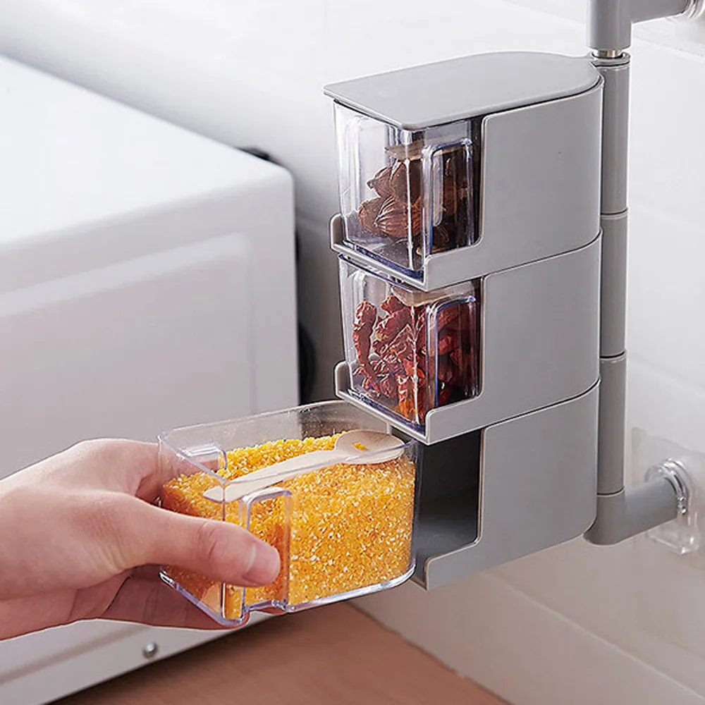 

Transparent Spice Jars Rotating Wall-mounted Paste Seasoning Storage Box Container Kitchen Condiment Box + 2Spoons