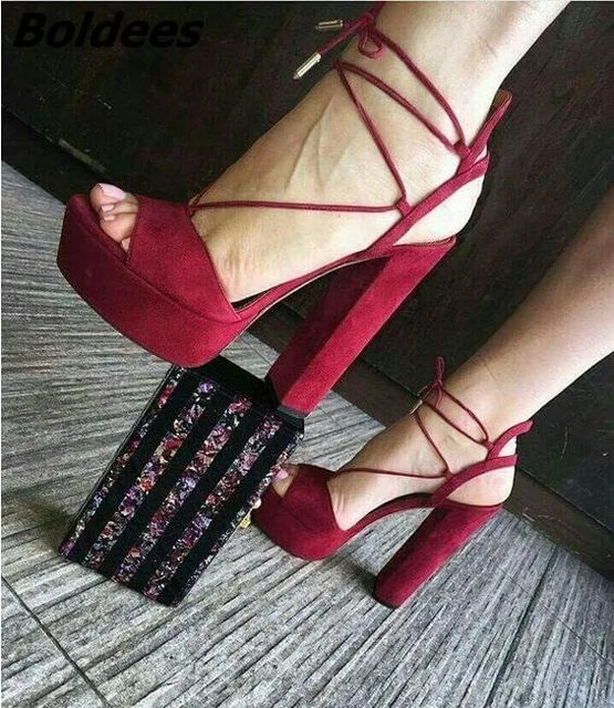 

Sexy Red Suede Chunky Heel Sandals Cross Straps Peep Toe High Platform Womens Square Heel Sandals Ladies Wedding Dress Shoes