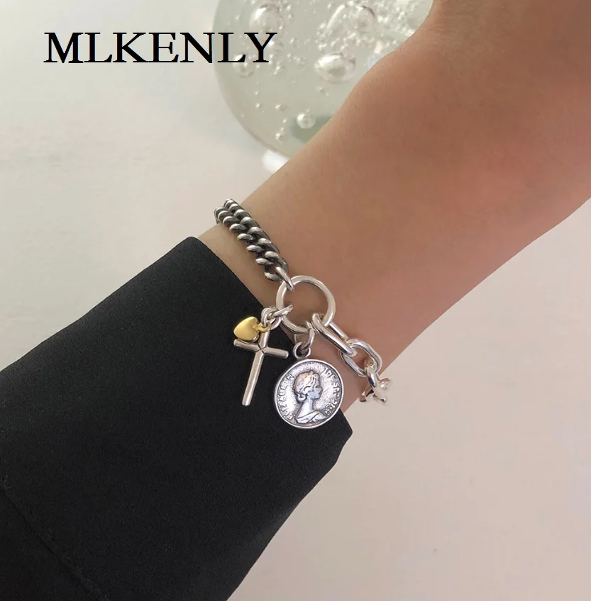 

MLKENLY 925 Sterling Silver Jewelry Silver Heavy work hand-woven cross coin Retro N Bracelet for Women Popular personality