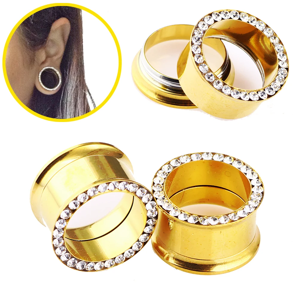 

pair Crystal Gold Color Internal Thread Ear Plugs Gauge Stretcher Piercing Flesh Tunnel Ear Expander 4-25mm Piercing Jewelry