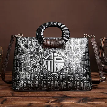 

Women Genuine Leather Handbag First Layer Cowhide Ladies Vintage Tote Bags Chinese Style Pattern Designer Shoulder Messenger Bag